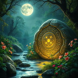 A captivating mystical scene featuring the 'living stone' concept, where a large, beautifully textured stone appears to come to life under the moonlight