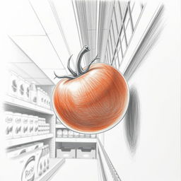 A pencil drawing of a tomato falling off from a shelf in a supermarket, captured from a low angle perspective