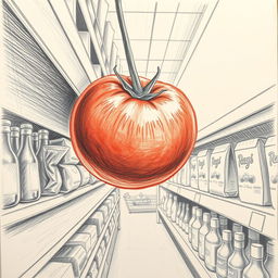 A pencil drawing of a tomato falling off from a shelf in a supermarket, captured from a low angle perspective