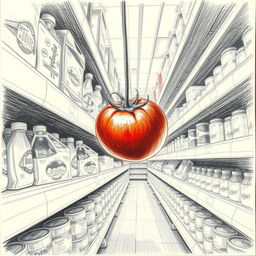 A pencil drawing of a tomato falling off from a shelf in a supermarket, captured from a low angle perspective