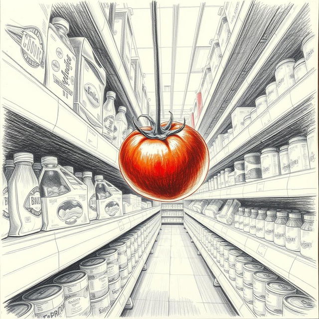 A pencil drawing of a tomato falling off from a shelf in a supermarket, captured from a low angle perspective