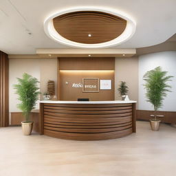 A spacious 100sqm travel agency reception desk, designed in a warm and inviting style, adorned with travel-themed decor and large welcoming seating areas.