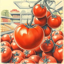 A pencil drawing of a ripe tomato falling from a cluster of tomatoes in a supermarket