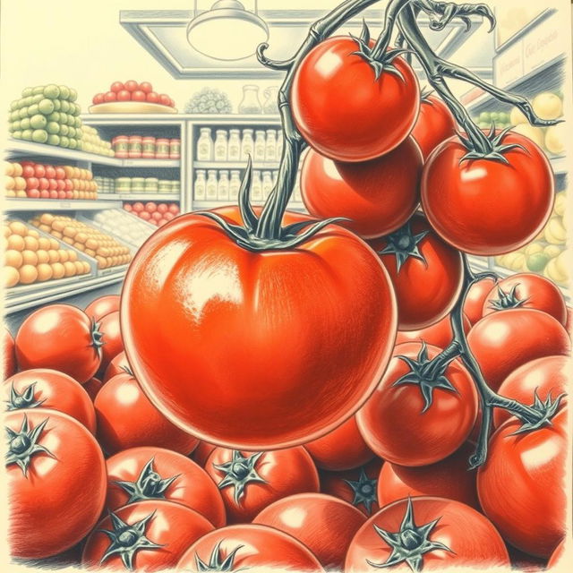 A pencil drawing of a ripe tomato falling from a cluster of tomatoes in a supermarket