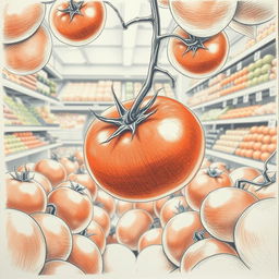 A pencil drawing of a ripe tomato falling from a cluster of tomatoes in a supermarket
