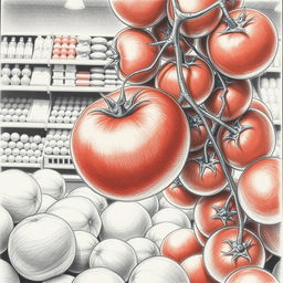 A pencil drawing of a ripe tomato falling from a cluster of tomatoes in a supermarket