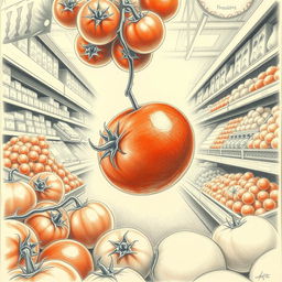 A pencil drawing of a ripe tomato falling from a cluster of tomatoes in a supermarket
