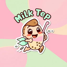 A vibrant sticker logo for a milk tea/coffee shop featuring a playful cartoon character zipping through a colorful background