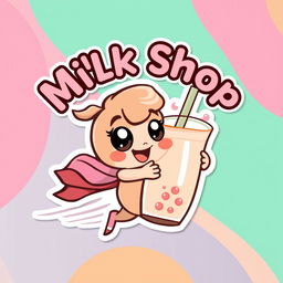 A vibrant sticker logo for a milk tea/coffee shop featuring a playful cartoon character zipping through a colorful background