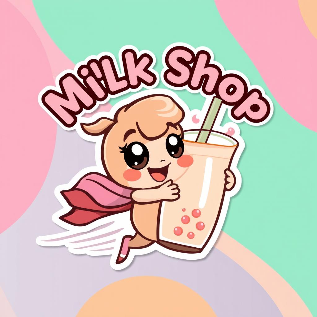 A vibrant sticker logo for a milk tea/coffee shop featuring a playful cartoon character zipping through a colorful background