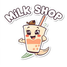 A vibrant sticker logo for a milk tea/coffee shop featuring a playful cartoon character zipping through a colorful background