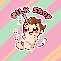 A vibrant sticker logo for a milk tea/coffee shop featuring a playful cartoon character zipping through a colorful background