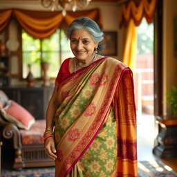 An Indian grandmother elegantly dressed in a beautiful saree, showcasing the intricate patterns and vibrant colors of the fabric