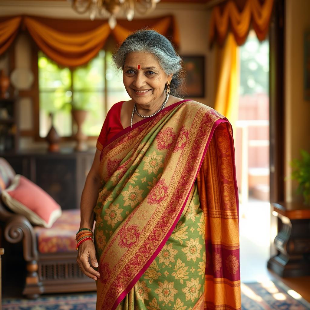 An Indian grandmother elegantly dressed in a beautiful saree, showcasing the intricate patterns and vibrant colors of the fabric