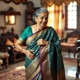 An Indian grandmother elegantly dressed in a beautiful saree, showcasing the intricate patterns and vibrant colors of the fabric
