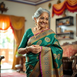 An Indian grandmother elegantly dressed in a beautiful saree, showcasing the intricate patterns and vibrant colors of the fabric