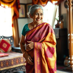 An Indian grandmother elegantly dressed in a beautiful saree, showcasing the intricate patterns and vibrant colors of the fabric