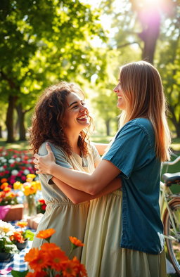 A heartwarming scene depicting two friends joyfully reuniting after many years apart