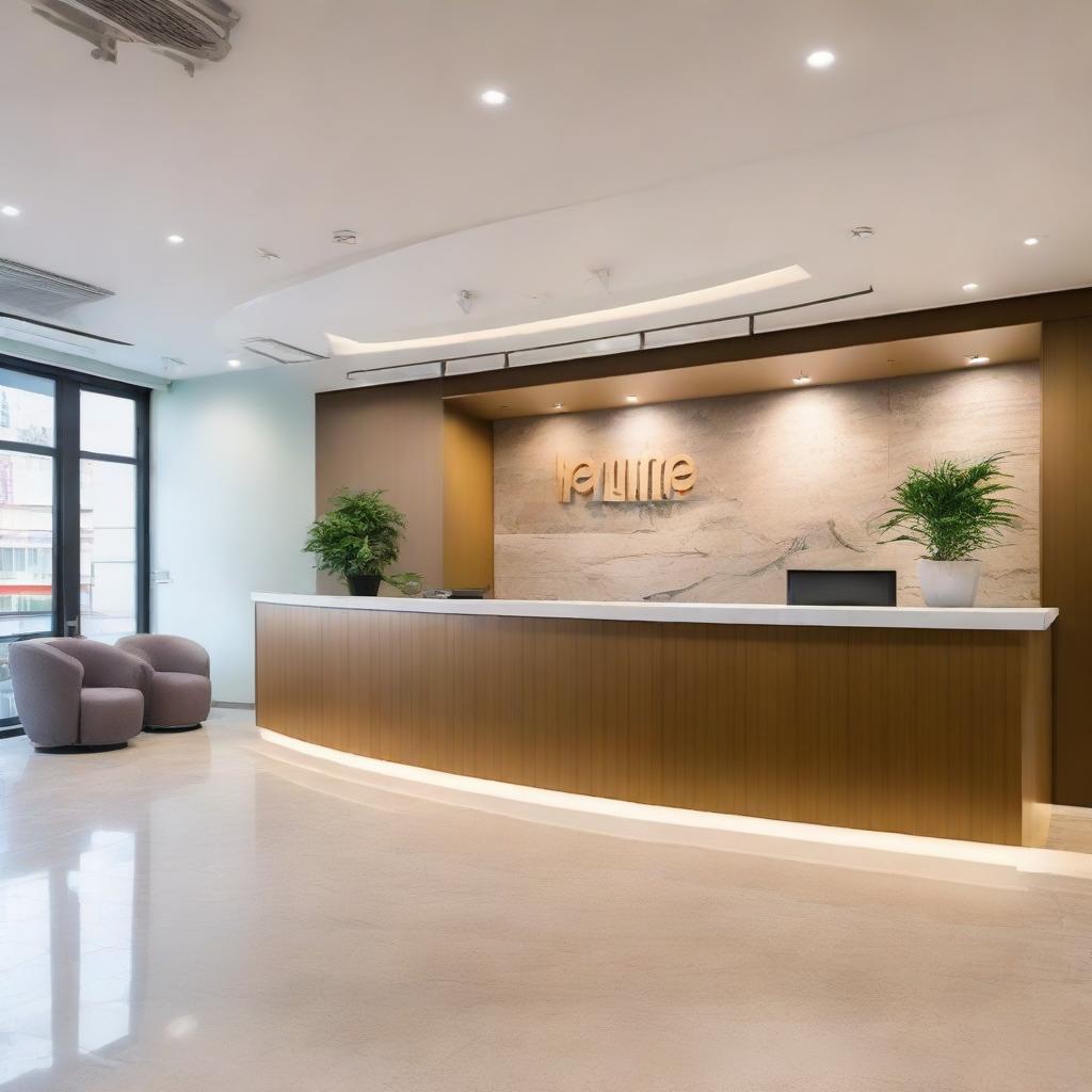 A spacious 100sqm travel agency reception desk, designed in a warm and inviting style, adorned with travel-themed decor and large welcoming seating areas.