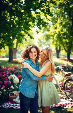 A heartwarming scene depicting two friends joyfully reuniting after many years apart