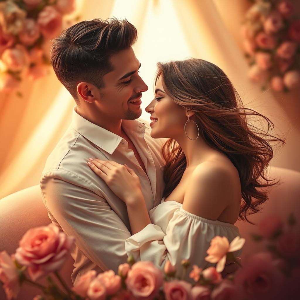 An intimate and romantic scene showing a couple in an elegant, artistic interpretation of an intimate pose