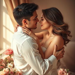 An intimate and romantic scene showing a couple in an elegant, artistic interpretation of an intimate pose
