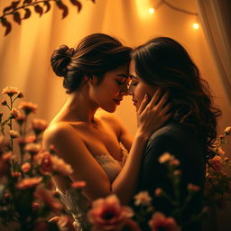 An intimate and romantic scene showing a couple in an elegant, artistic interpretation of an intimate pose