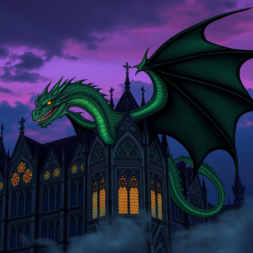 A majestic and enormous dragon, with shimmering emerald scales and fierce golden eyes, soaring around a beautifully intricate gothic building