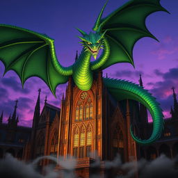 A majestic and enormous dragon, with shimmering emerald scales and fierce golden eyes, soaring around a beautifully intricate gothic building