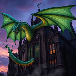A majestic and enormous dragon, with shimmering emerald scales and fierce golden eyes, soaring around a beautifully intricate gothic building