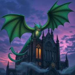 A majestic and enormous dragon, with shimmering emerald scales and fierce golden eyes, soaring around a beautifully intricate gothic building