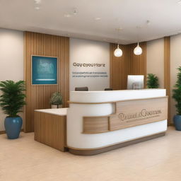 A spacious 100sqm travel agency reception desk, designed in a warm and inviting style, adorned with travel-themed decor and large welcoming seating areas.