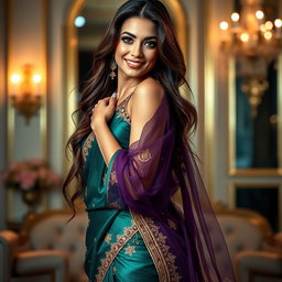 A glamorous depiction of a woman wearing a sexy, elegant saree that accentuates her curves