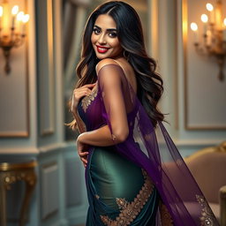 A glamorous depiction of a woman wearing a sexy, elegant saree that accentuates her curves