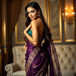 A glamorous depiction of a woman wearing a sexy, elegant saree that accentuates her curves