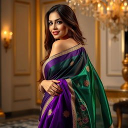 A glamorous depiction of a woman wearing a sexy, elegant saree that accentuates her curves