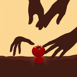 Silhouette of two hands reaching for the same red tomato on the ground, illustrating a moment of connection, with a soft and warm background to enhance the focus on the hands and the tomato