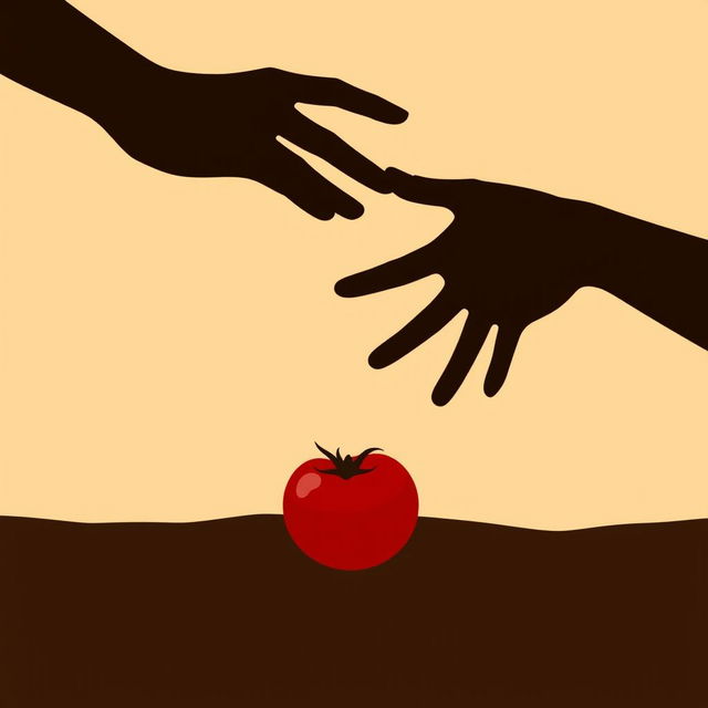 Silhouette of two hands reaching for the same red tomato on the ground, illustrating a moment of connection, with a soft and warm background to enhance the focus on the hands and the tomato
