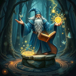 A powerful wizard in an enchanted forest, wearing a flowing blue robe adorned with silver stars, casting a spell