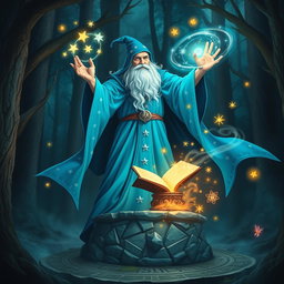 A powerful wizard in an enchanted forest, wearing a flowing blue robe adorned with silver stars, casting a spell