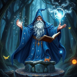 A powerful wizard in an enchanted forest, wearing a flowing blue robe adorned with silver stars, casting a spell
