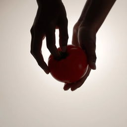 Silhouette of two hands gently touching a ripe, red tomato, highlighting the curves and textures of the tomato against a soft background