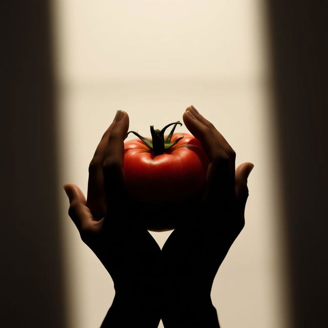 Silhouette of two hands gently touching a ripe, red tomato, highlighting the curves and textures of the tomato against a soft background