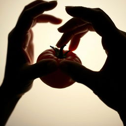 Silhouette of two hands gently touching a ripe, red tomato, highlighting the curves and textures of the tomato against a soft background