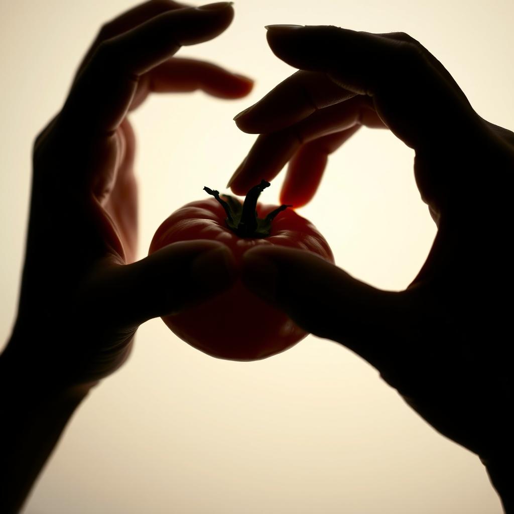 Silhouette of two hands gently touching a ripe, red tomato, highlighting the curves and textures of the tomato against a soft background