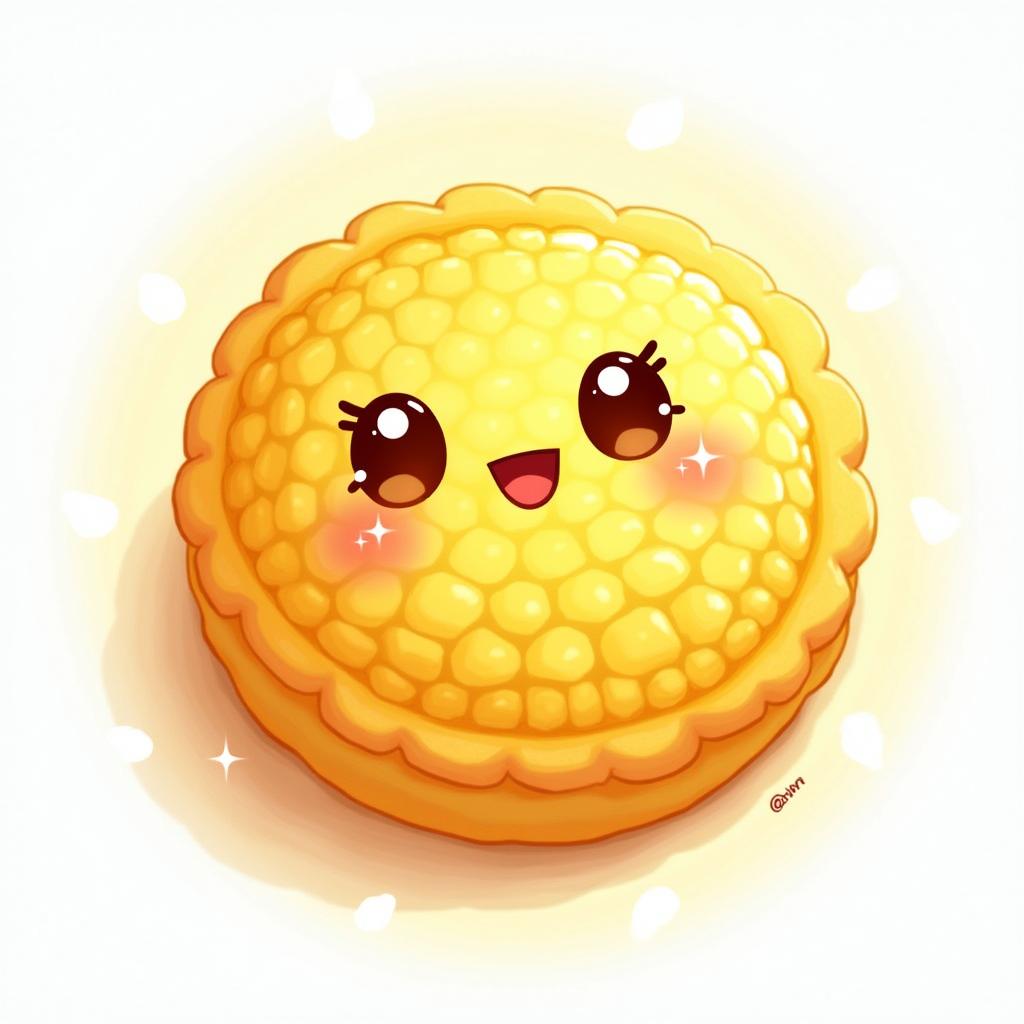 An adorable illustration of a cute corn galette, featuring a bright yellow color with a textured surface resembling corn kernels