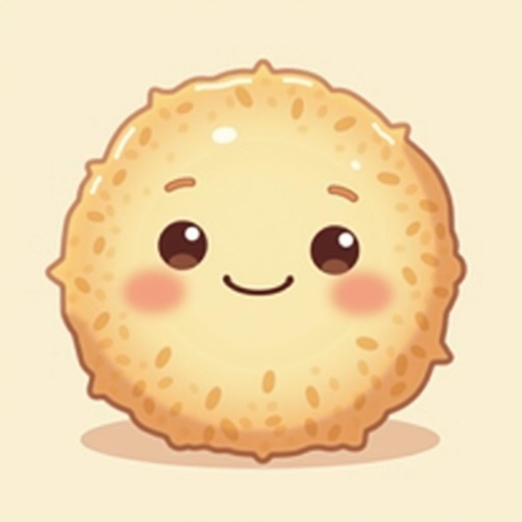 A charming illustration of a cute rice galette, featuring a playful smiling face and dreamy, expressive eyes