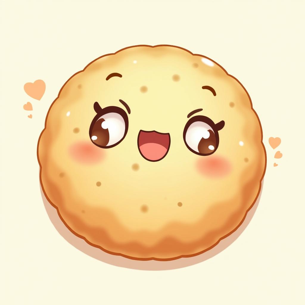 An adorable illustration of a cute puffed rice galette, featuring a light golden-brown color with a textured surface