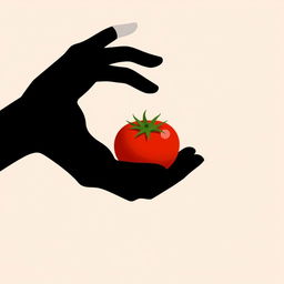 An illustration featuring the silhouette of two hands reaching out and touching a ripe, fresh tomato