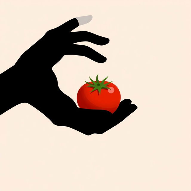 An illustration featuring the silhouette of two hands reaching out and touching a ripe, fresh tomato